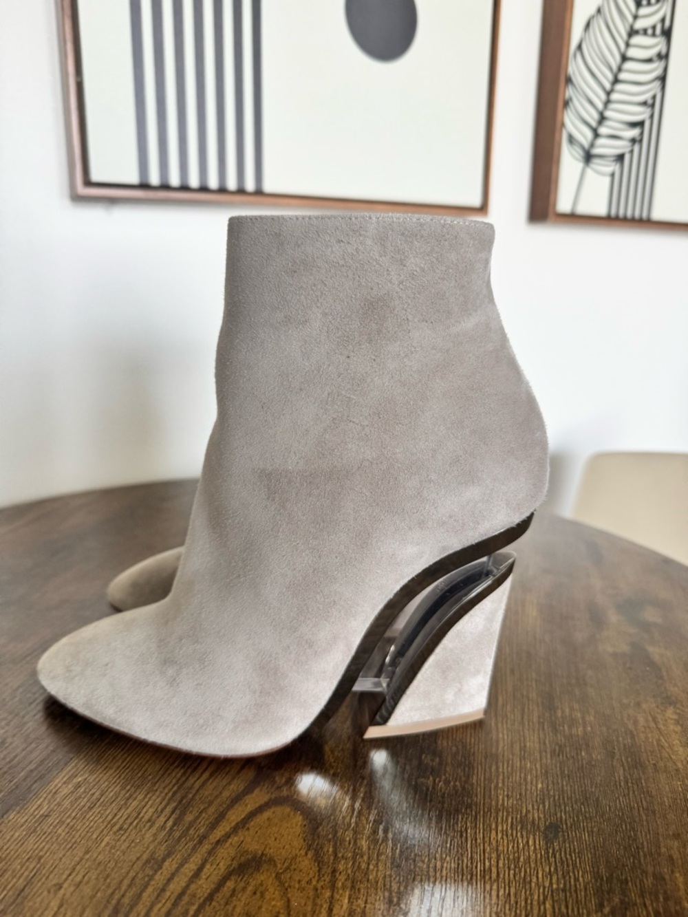 Christian Louboutin Taupe Suede Ankle Boots with Sculptural Clear Accent Heel - Picture 3 of 5